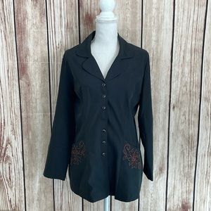 New Frontier Black Tunic Button Down w/Red Embroidered Flower on Pocket Small